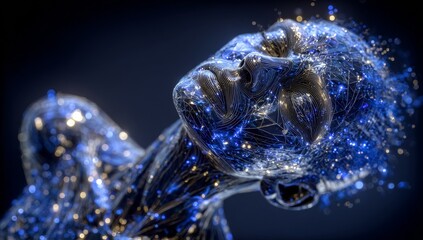 Poster - Future technological advancements are represented by the abstract digital image of a cyborg face, a concept often depicted in stock media