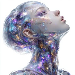 Poster - An artificial human android with wires visible in its head is shown in a 3D illustration created in retrofuturistic sci-fi style