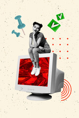 Aufkleber - Trend artwork banner sketch collage of obsolete computer monitor young lady sit smile pin supplies sone business occupation entrepreneur