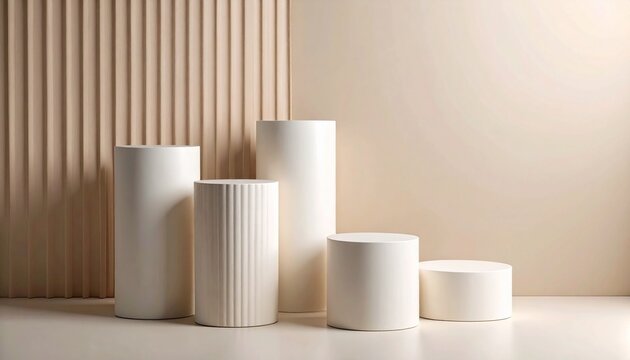 Off White Cylinders on Textured Vertical Lines Against Neutral Background