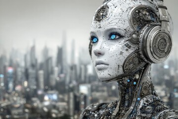 Poster - The portrait of a modern robot illustrates the concept of the human face being a job, shaped by the evolution of modern technologies and robotics