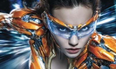 Poster - The concept of metaverse technology is represented by a perfect cyber girl wearing a tech suit and futuristic glasses in a futuristic tech style