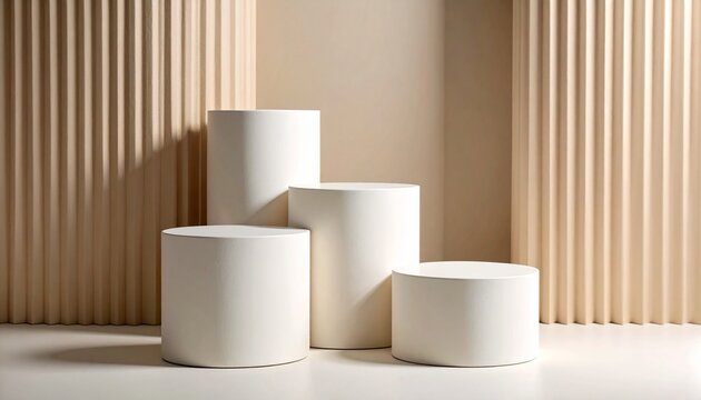 Off White Cylinders on Textured Vertical Lines Against Neutral Background