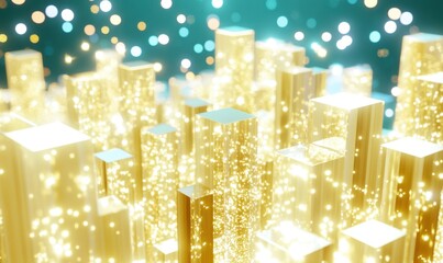 Poster - Abstract geometric shapes with shimmering particles in golden hues
