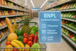 © Chopang.studio - Buy now pay later grocery cart fresh vegetables fresh fruit supermarket aisle pineapple tomatoes bananas bread lettuce healthy food shopping basket payment options installment plan credit score