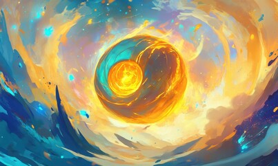 Poster - Abstract swirling sphere painting in teal and gold with dynamic brushstrokes