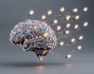 Poster - A radiant brain surrounded by floating light bulbs, each representing a novel concept, full of energy and movement, stock