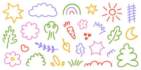 Poster - Set of cute colorful kids elements. Hand drawn collection of scribble doodle icon. Vector line illustration