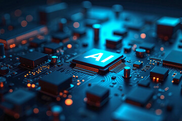 Poster - glowing circuit board semiconductor microchip with AI text, digital technology background