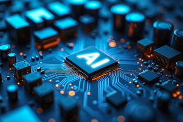 Poster - glowing circuit board semiconductor microchip with AI text, digital technology background