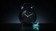 © tilialucida - Black alarm clock with starry night sky design and glowing crescent moon on dark background