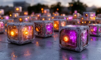Poster - Illuminated cubes display modern art futuristic glow and reflections