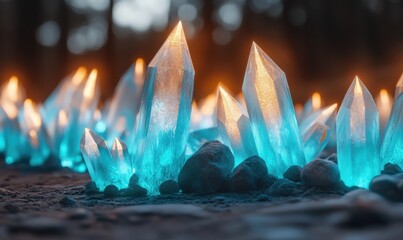 Poster - Illuminated crystal cluster with geometric shapes and glowing light