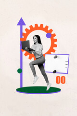 Poster - Composite sketch image trend artwork collage of young lady run work laptop cogwheel development trade savings income investment currency