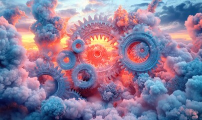 Poster - Interconnected gears and clouds abstract conceptual technology illustration