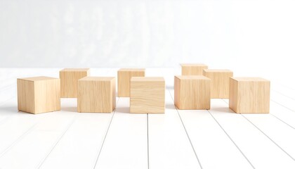 Aufkleber - Wooden blocks arranged on white wood.