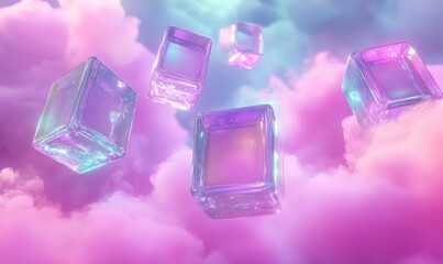 Poster - Iridescent glass cubes floating in dreamy pastel clouds abstract design