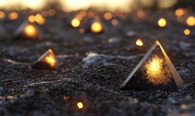Poster - Mysterious pyramids scattered on textured surface with glowing light effects