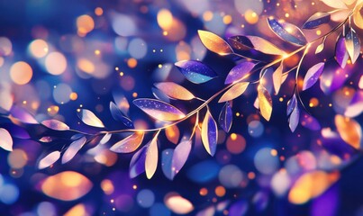 Poster - Stylized branch with leaves on bokeh background in gold purple and blue