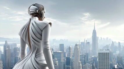 Poster - An elegant cyborg or android looks out over a futuristic cityscape. Perfect for themes of artificial intelligence, the future of technology, and urbanization. A symbiosis of man and machine.
