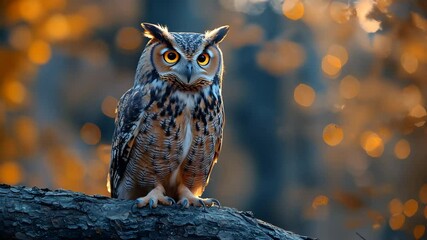 Wise owl perched on gnarled branch under moonlight