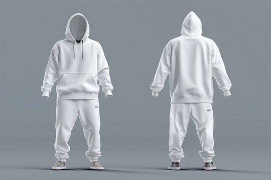 A 3D rendering of a white hoodie and sweatpants set sports suit mockup from multiple angles. The outfit features a relaxed fit, with a front pocket on the hoodie and elastic cuffs on the pants.