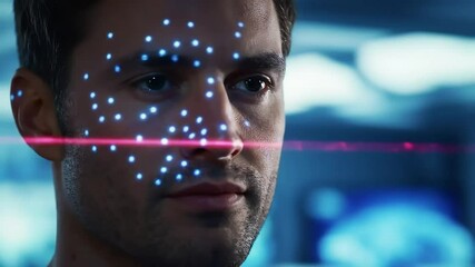 Poster - Facial recognition technology scanning the face of a young male subject