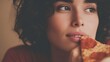 © JPminimal - Satisfying hunger woman biting lip while gazing at pizza indoor setting sensations of craving