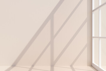 Poster - Sunlight casting geometric shadows on a beige wall near a window. 3d rendering