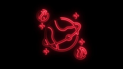 Poster - Glowing neon planet and celestial symbols on black background for futuristic designs
