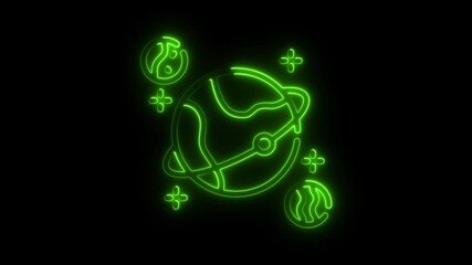 Poster - Animated neon green abstract earth symbol with geometric decorations on black background