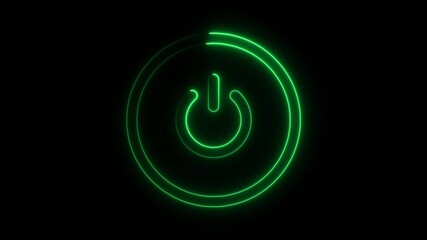 Poster - Green neon power button glowing on a black background for digital technology concepts