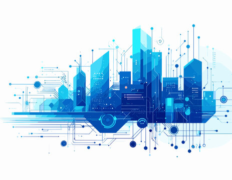 Abstract Blue Cityscape Illustration With Geometric Buildings and Network Lines Over a White Background Creating a Modern Urban Skyline