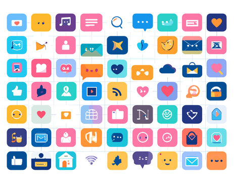 Collection of Pixel Art Icons in Various Pastel Colors For Web and App Design Featuring Social Media and Communication Symbols in a Grid Format