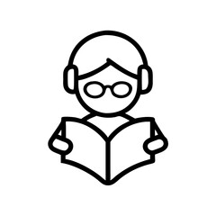 Poster - A student reads a book wearing glasses and headphones isolated on white background