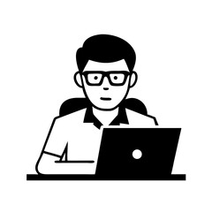 Poster - Man with glasses sitting at a desk working on a laptop isolated on white background