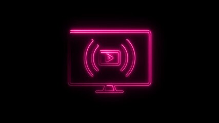 Poster - Glowing neon pink computer monitor with play icon and streaming symbol on a black background