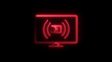 Poster - Animated neon monitor screen with play icon and broadcast waves on black background