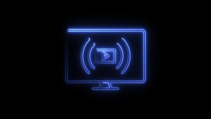 Aufkleber - Glowing neon animation of a computer screen with play symbol and wireless signal over black background