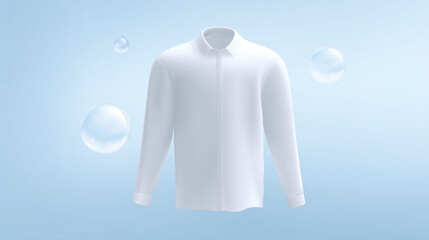 Poster - White long-sleeve shirt mock up floating in a soft blue background with bubbles, showcasing a clean and fresh design ideal for fashion presentations and branding concepts