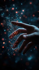 Fototapete - Creating connections in a digital landscape with a hand reaching out to glowing nodes
