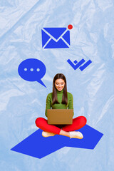 Aufkleber - Composite image montage trend artwork 3D collage of young lady sit down type message laptop comment dialogue bubble comic tag speech cloud