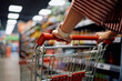 © Drazen - Close up of woman pushing shopping cart through the store.