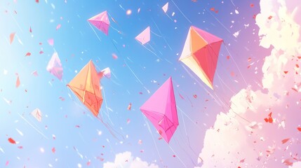 Wall Mural - Colorful kites in a pastel sky