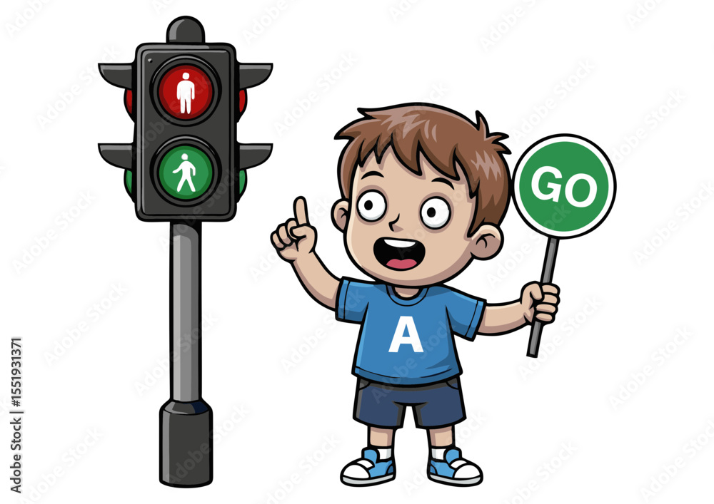 Learning Road Safety Child with Traffic Light and Go Sign Illustration ...
