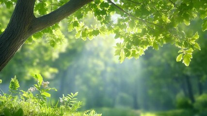 Poster - Lush Canopy and Sunlight: A tranquil scene of sunlight streaming through vibrant green leaves, creating a serene atmosphere.
