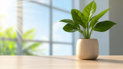 Aufkleber - Indoor Greenery: A vibrant, potted houseplant, with its lush, emerald leaves, sits elegantly on a wooden surface near a sunlit window, infusing interior space with life and nature