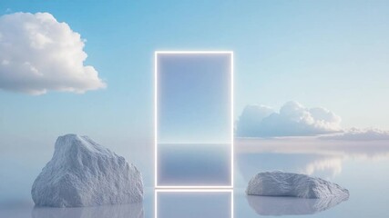 Poster - Illuminated Gateway: A serene landscape where a luminous rectangle frame levitates, framed by a dreamlike scene of reflective water, wispy clouds, and natural stone elements.