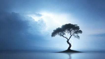 Poster - Solitary Tree Silhouette: A lone tree stands in silhouette against a dramatic, moody sky, its branches reaching towards a mystical light source.