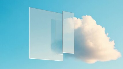 Poster - Sky Reflections: A surreal composition of floating glass planes and fluffy clouds against a backdrop of a bright blue sky, evoking themes of reflection and perspective.
